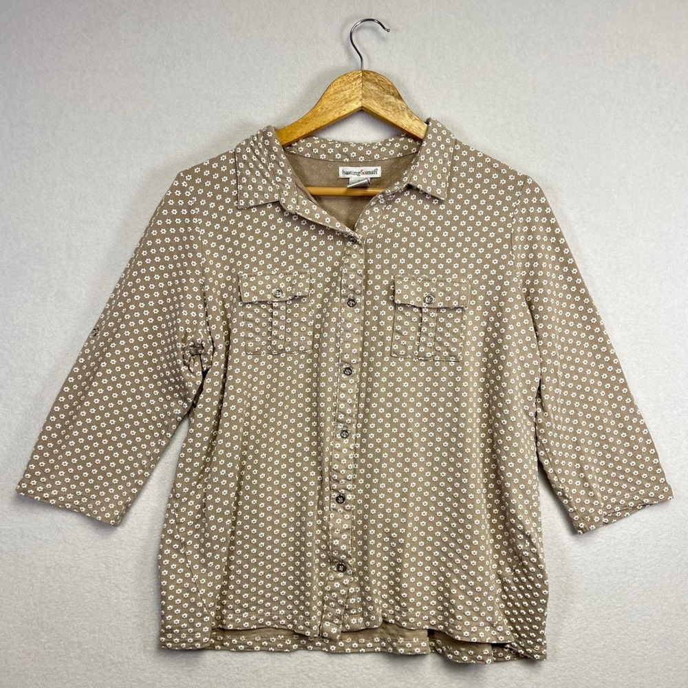 Hasting & Smith Women's Tan Floral Print Floral Collared Button Up Shirt Size L